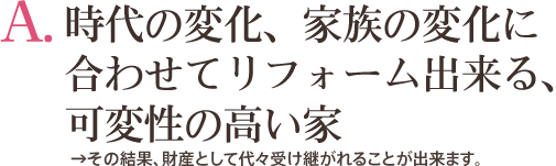 時代の変化、家族の変化に合わせてリフォーム出来る、可変性の高い家